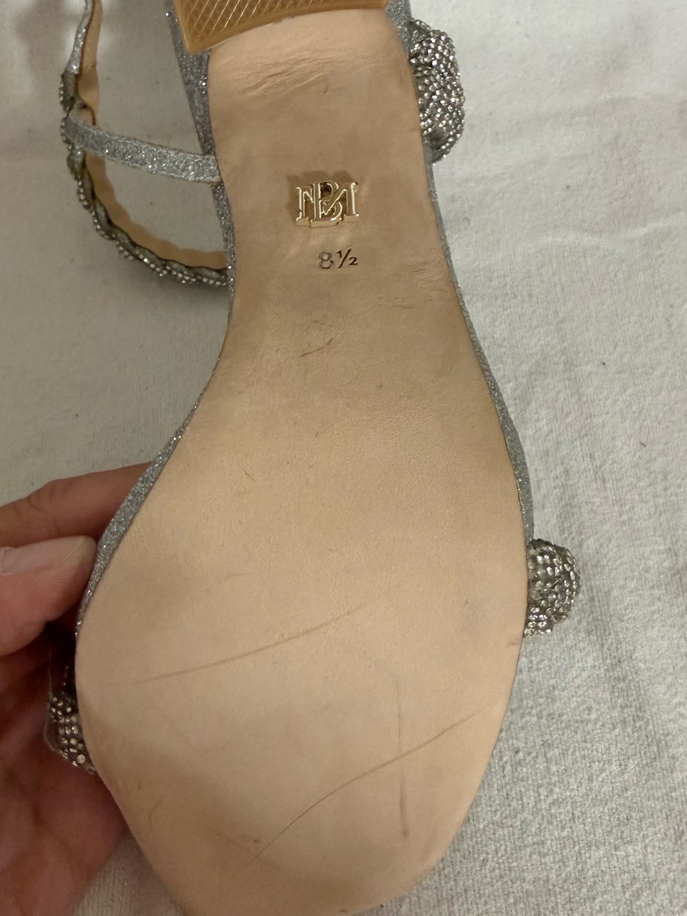 Badgley Mischka Fennel Silver Braided Crystal Strap Spool Heel Sandals - Picture 9 of 9
